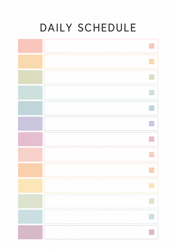 Minimalist printable daily schedule template featuring colorful planning blocks for organizing daily tasks, appointments, reminders, and routines.