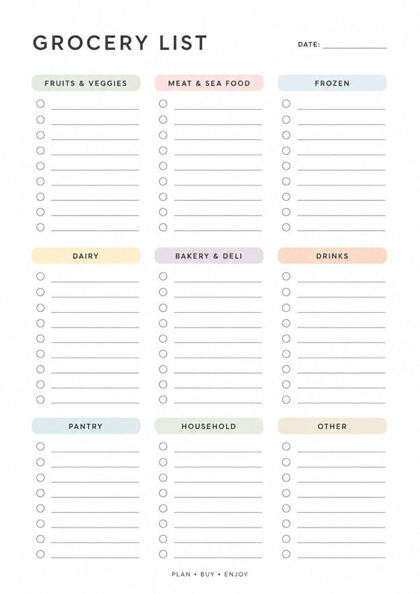 Printable grocery shopping list with categorized sections for fruits, vegetables, dairy, pantry, frozen foods, drinks, household essentials, and more.