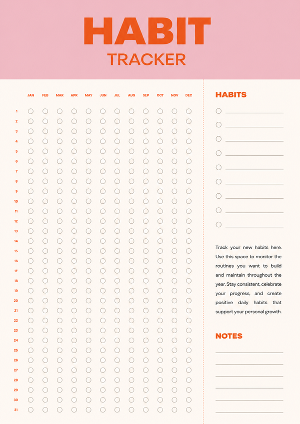 Minimal yearly habit tracker printable with monthly habit tracking grid, habit list, and notes section for building consistent daily routines.