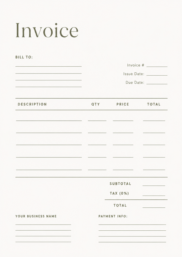 Minimal printable invoice template with billing information, itemized pricing table, payment details, and total calculation section.