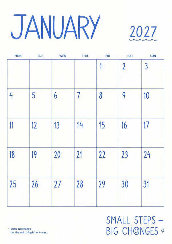 A minimalist January 2027 calendar printable with a clean monthly layout for organizing plans and important dates.
