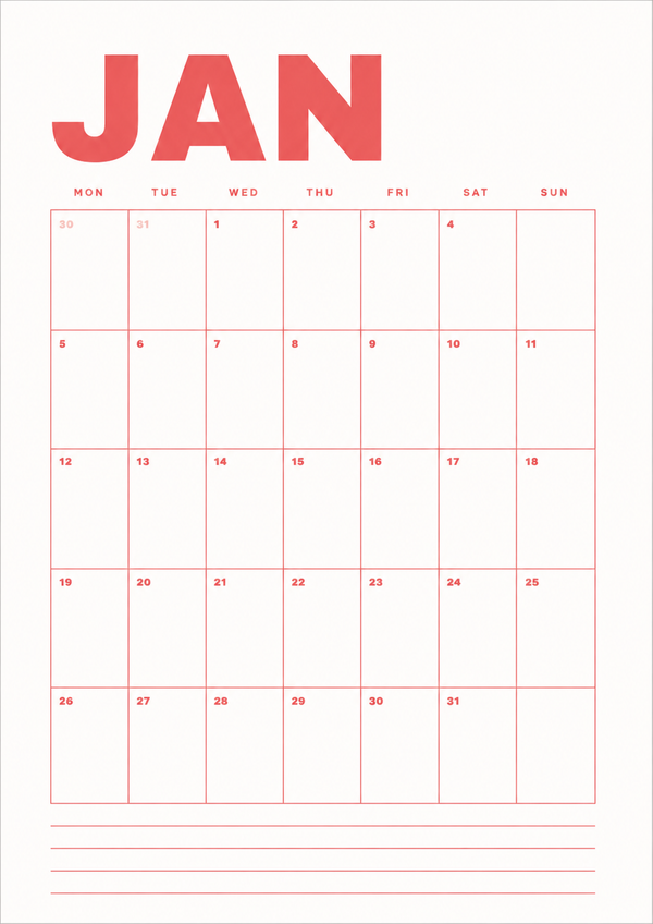 Minimal January monthly calendar printable with a clean monthly layout and notes section for planning appointments, events, reminders, and goals.