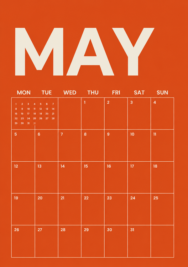A clean and minimalist May monthly calendar printable for organizing your monthly schedule.