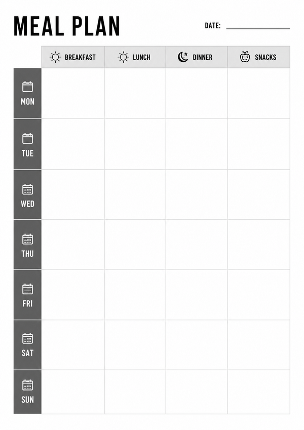 Minimalist weekly meal planner printable with dedicated sections for breakfast, lunch, dinner, and snacks from Monday through Sunday.