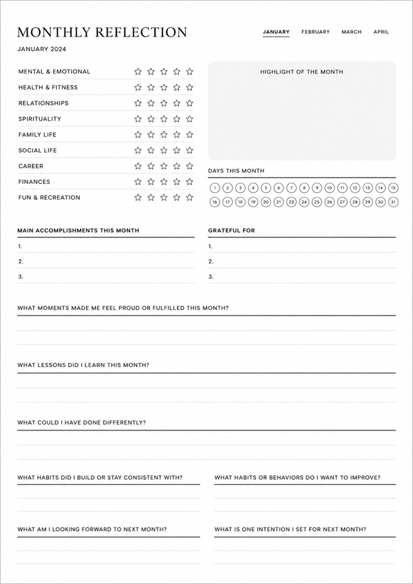 Printable monthly reflection worksheet with life balance ratings, monthly highlights, accomplishments, gratitude, lessons learned, habit review, and next month planning.