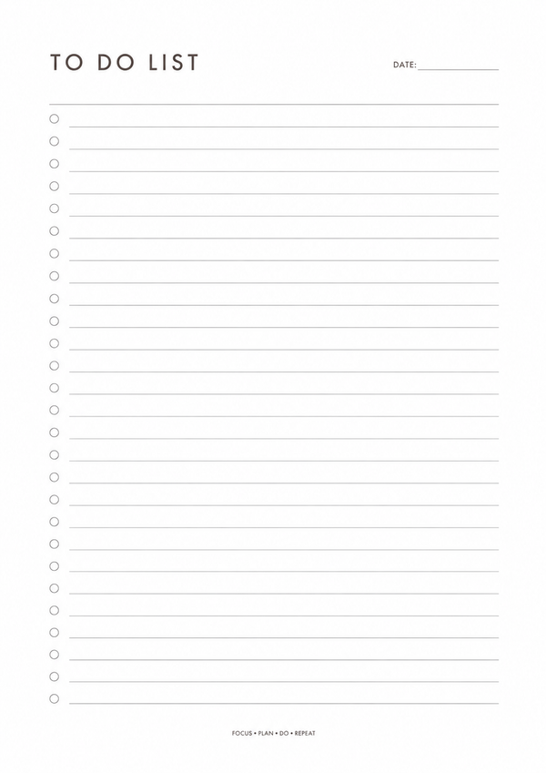 A minimalist printable to do list with a date field, checklist boxes, and a clean layout for organizing daily tasks and priorities.