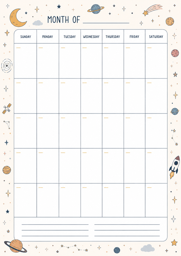 A printable space-themed monthly planner featuring a monthly calendar layout with planets, stars, rockets, and notes sections.