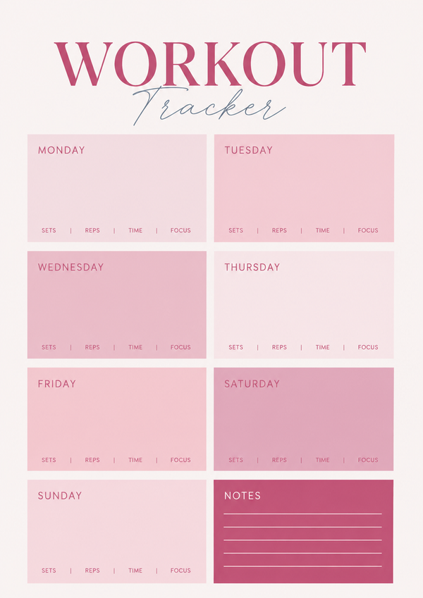 A printable weekly workout tracker with daily workout sections, sets, reps, time, focus, and notes to organize fitness routines.