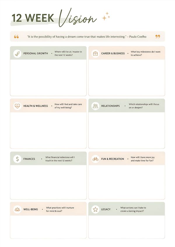 Printable 12 week vision planner featuring goal planning sections for personal growth, career, finances, health, relationships, wellness, and life priorities.