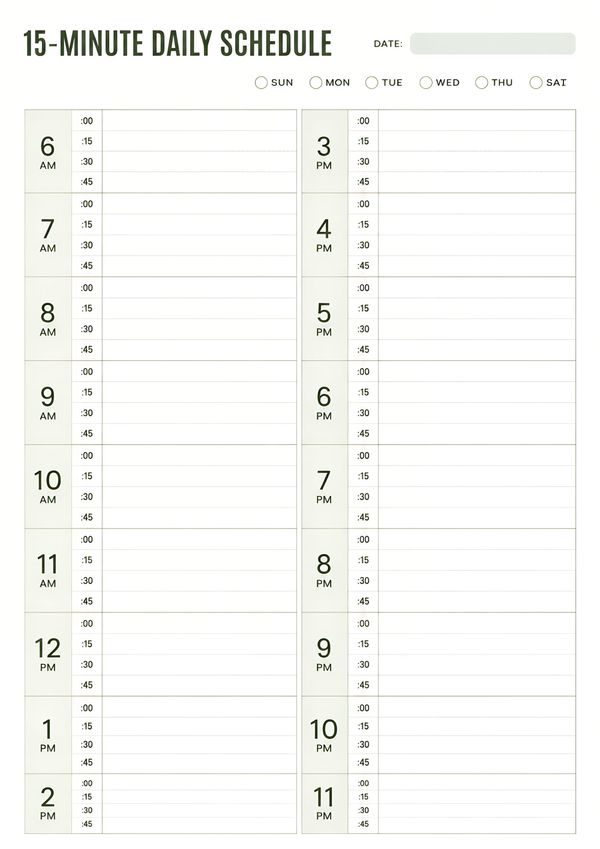 Printable 15-minute daily schedule with hourly time blocks from 6 AM to 11 PM for planning tasks, appointments, and daily routines.