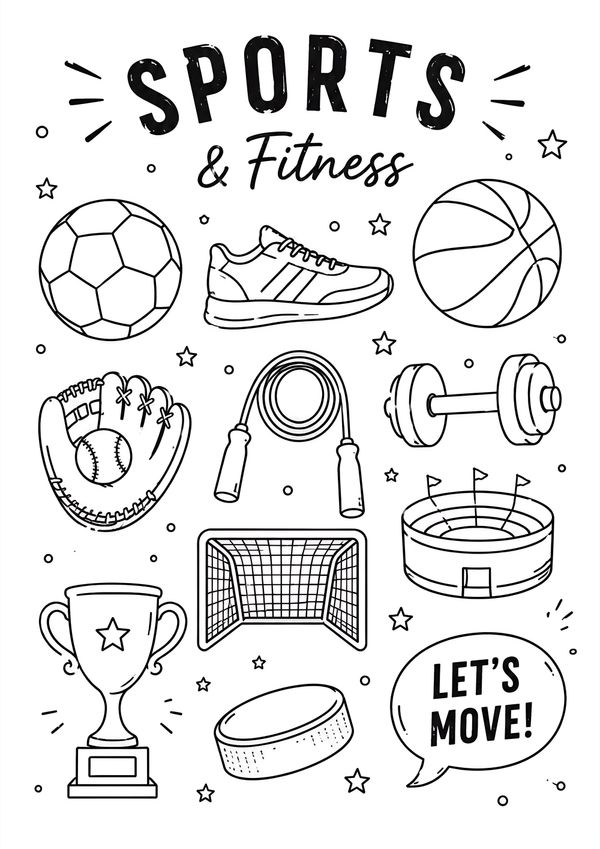 Printable sports and fitness coloring page featuring soccer ball, basketball, dumbbell, jump rope, trophy, hockey puck, stadium, sneakers, and other athletic illustrations.