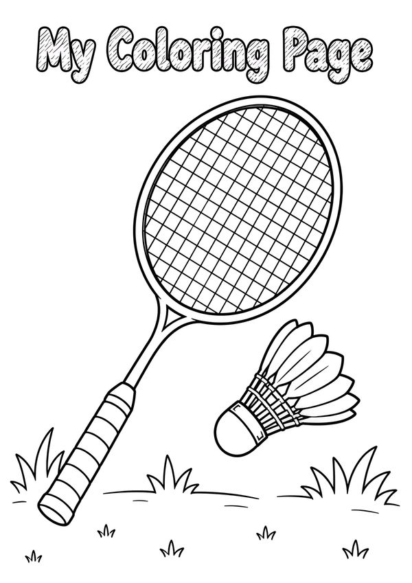 Printable badminton coloring page with a racket and shuttlecock, designed for kids, classrooms, homeschooling, and fun creative activities.