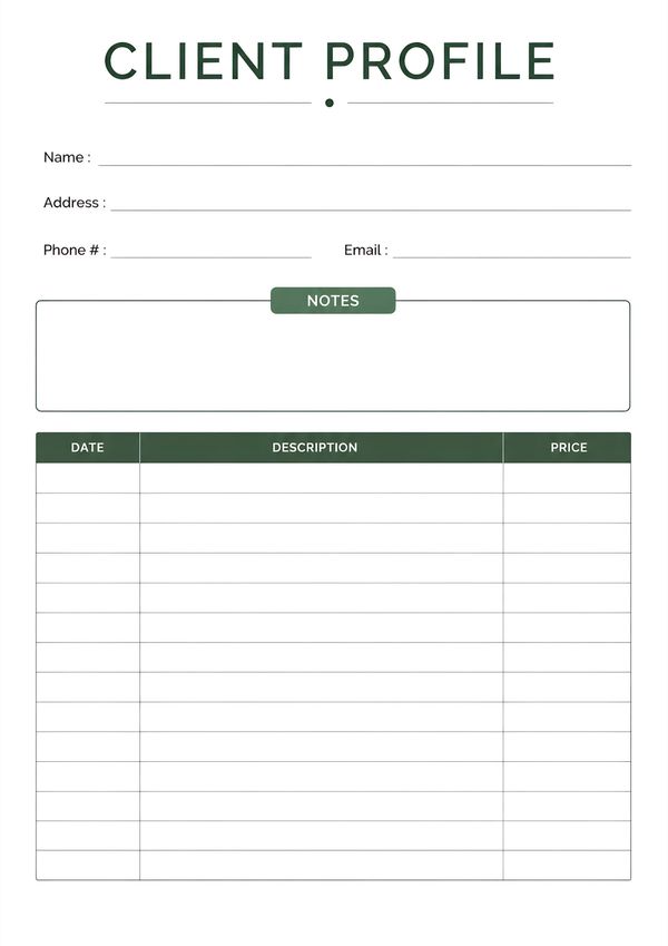 Printable client profile template with contact information, notes section, and service history tracker.