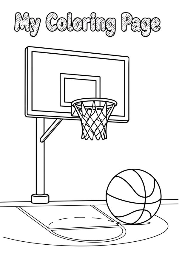 Black and white basketball coloring page with a basketball hoop, backboard, and basketball, designed as a printable activity for kids.