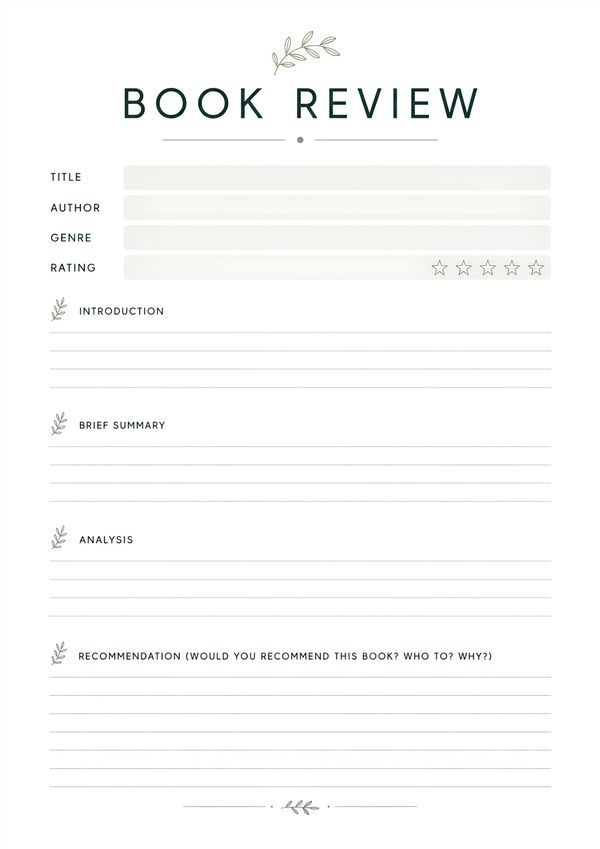 Printable book review worksheet with sections for book details, summary, analysis, rating, and recommendations.