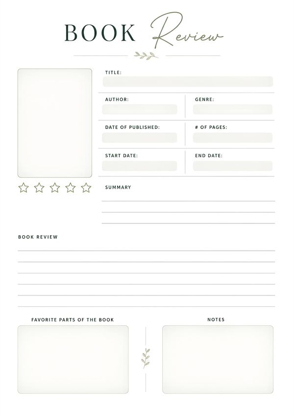 A printable book review worksheet with sections for book details, rating, summary, review, favorite parts, and personal notes.
