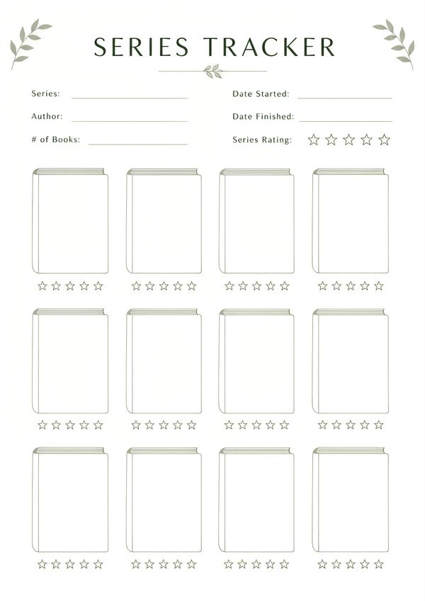 A printable book series tracker designed to organize book collections, reading progress, and personal ratings.