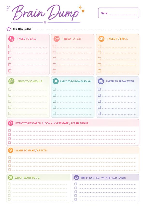 A colorful brain dump planner designed to capture ideas, organize tasks, and prioritize daily activities.