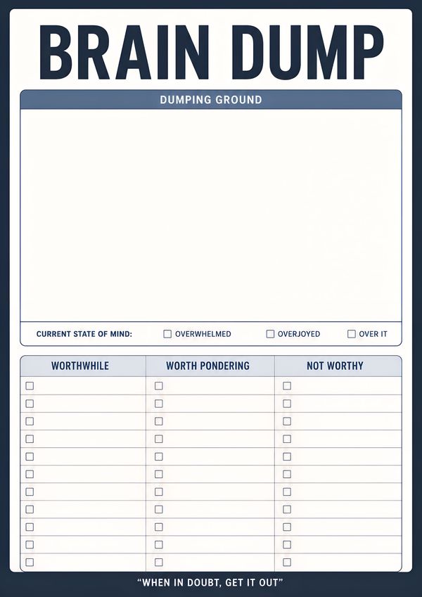 Printable brain dump task organizer featuring a large thought capture area, mood checkboxes, and sections to sort ideas into worthwhile, worth pondering, and not worthy.