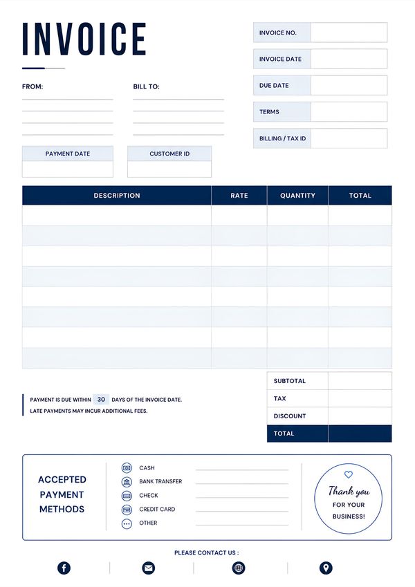 Professional printable invoice template featuring billing information, customer details, itemized services, payment methods, subtotal, tax, discount, and total amount sections.