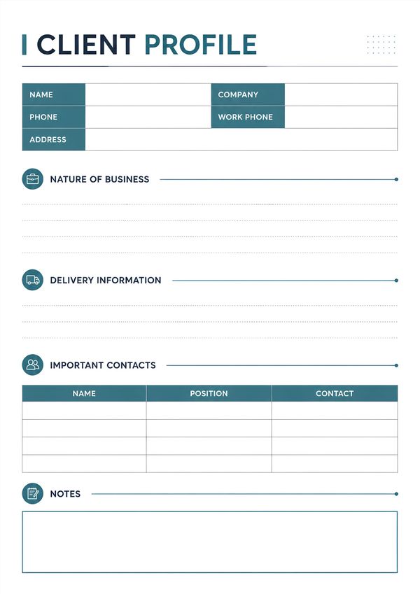 Printable business client profile sheet with company information, delivery details, important contacts, and notes.
