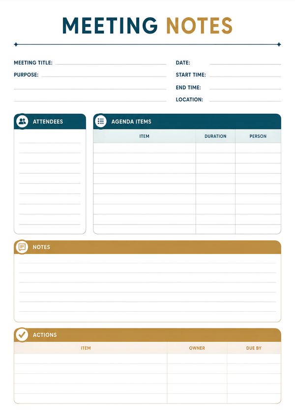 A printable business meeting notes template with sections for meeting details, attendees, agenda items, notes, and action items.