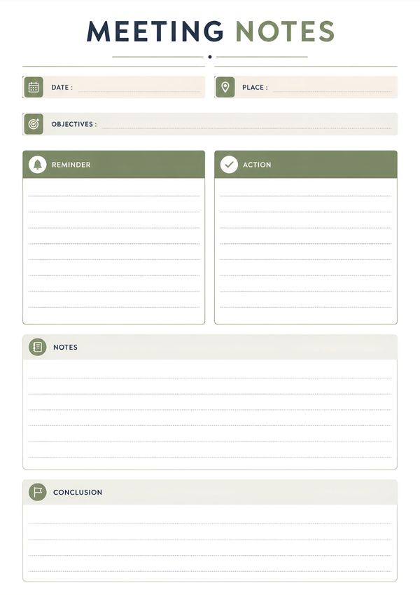 Printable business meeting notes template with objectives, reminders, action items, notes, and conclusion sections.