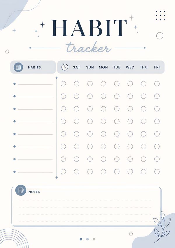 A clean minimalist habit tracker printable featuring weekly habit tracking, progress circles, and a notes section for daily organization.
