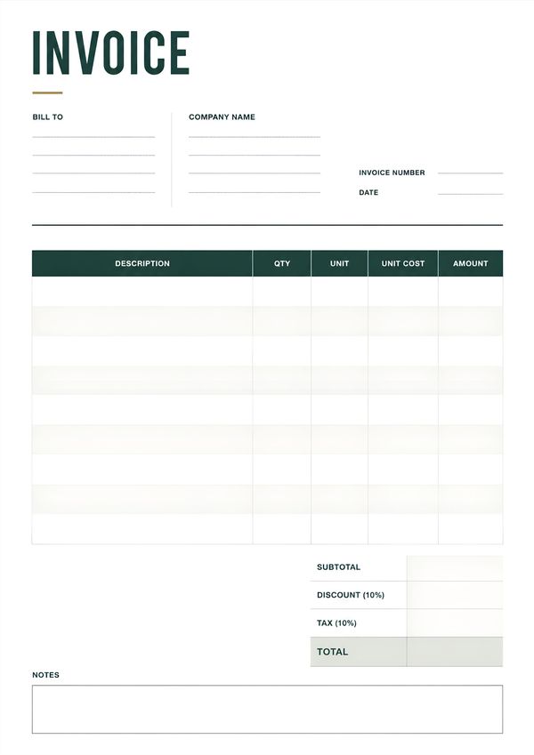 Minimal printable client billing invoice template with itemized pricing table, totals, and notes section.