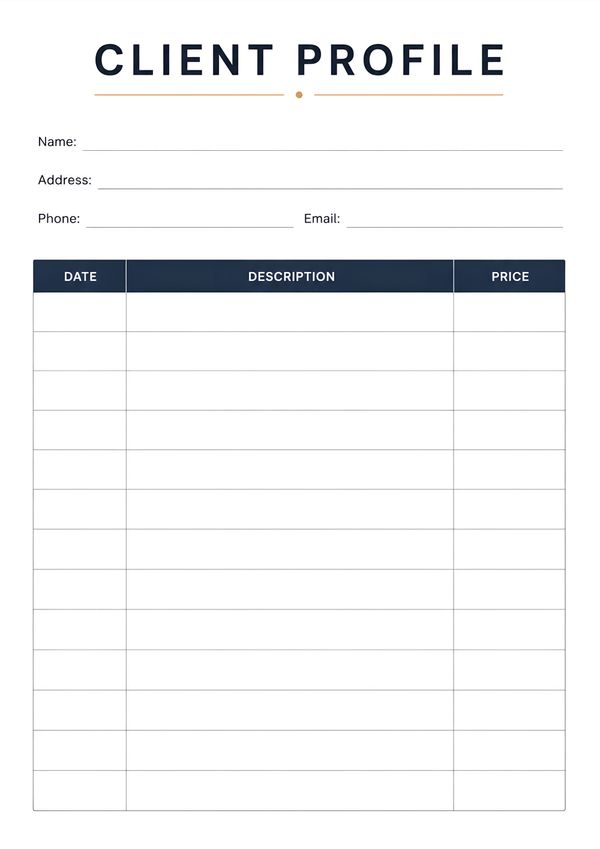 A clean client profile template designed to organize customer information and business records.