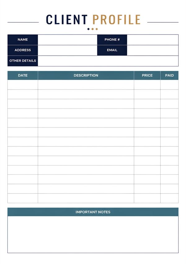 Printable client profile template featuring customer information, service records, payment tracking, and an important notes section for business management.