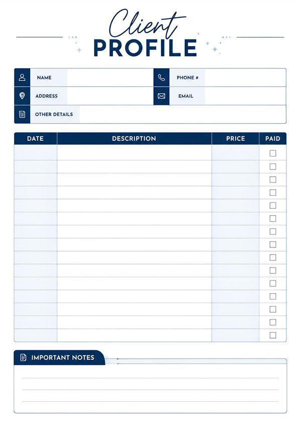 Printable client profile record sheet featuring contact details, service history, payment tracking, and notes for business client management.