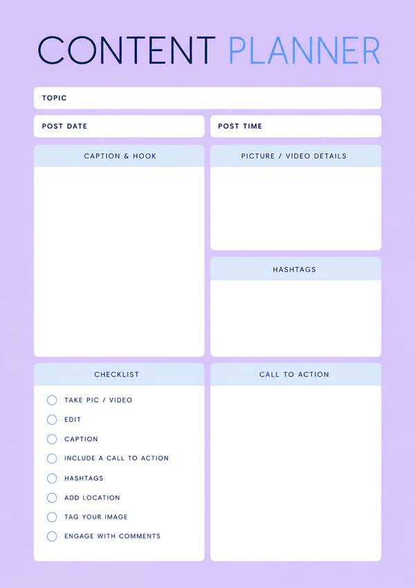 Printable content planner organizer featuring sections for topics, captions, hashtags, posting schedule, content checklist, and call to action.