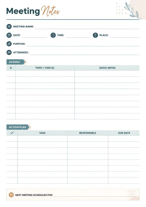Printable business meeting notes template with agenda, attendees, action plan, quick notes, responsibilities, due dates, and next meeting schedule.