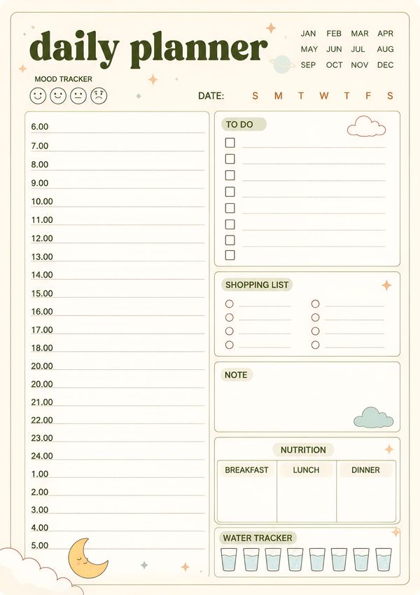 A minimal daily planner printable featuring an hourly schedule, task list, shopping list, meal planner, notes, and water tracker.