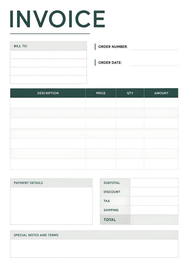 Printable custom business invoice template with billing details, order information, payment summary, and special notes section.