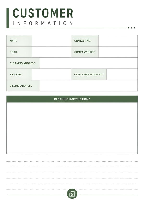 Printable customer information record sheet with contact details, service information, cleaning instructions, and notes.