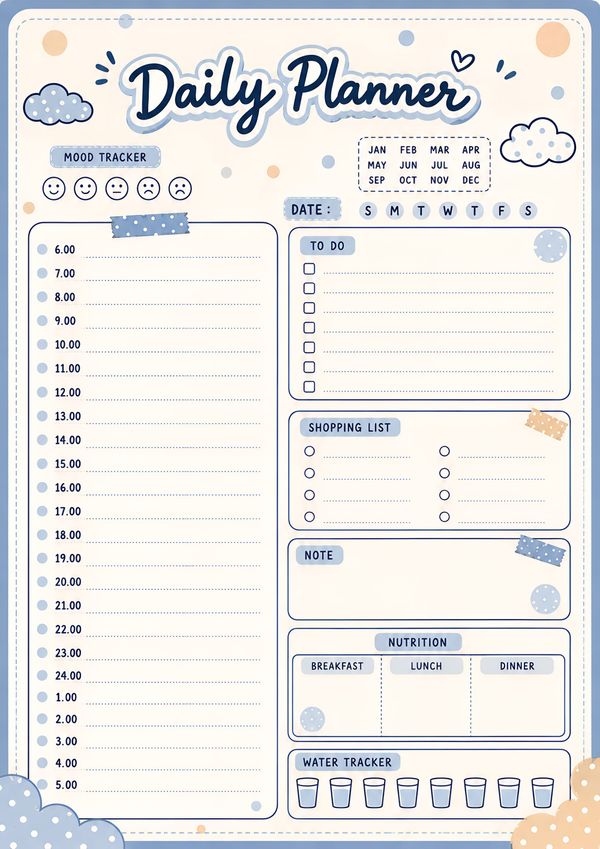 A cute daily planner printable featuring an hourly schedule, task list, meal planner, water tracker, and notes section.