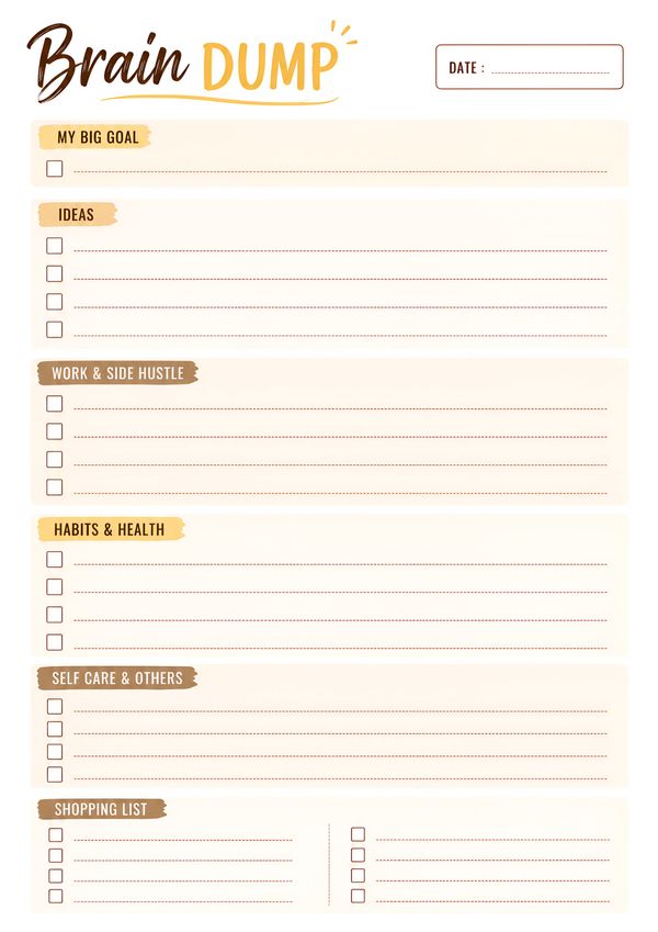 Printable daily brain dump organizer with dedicated sections for goals, ideas, work, health, self-care, and shopping list planning.
