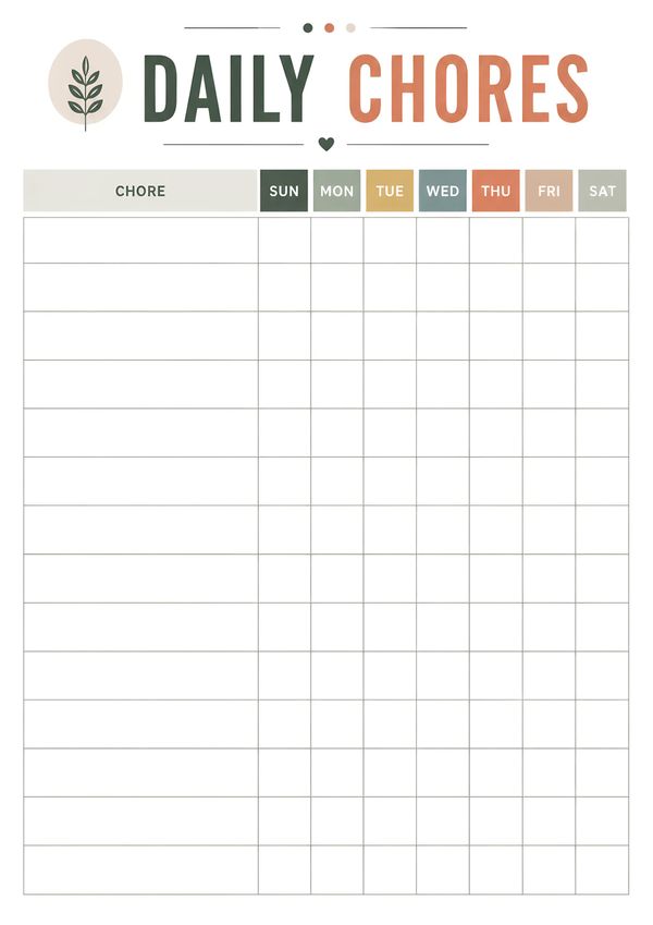 Printable daily chores checklist featuring a weekly household task tracker with columns for Sunday through Saturday and customizable chore entries.