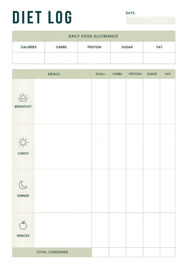 Printable daily diet log featuring meal tracking, nutrition table, calorie counting, and daily food allowance.