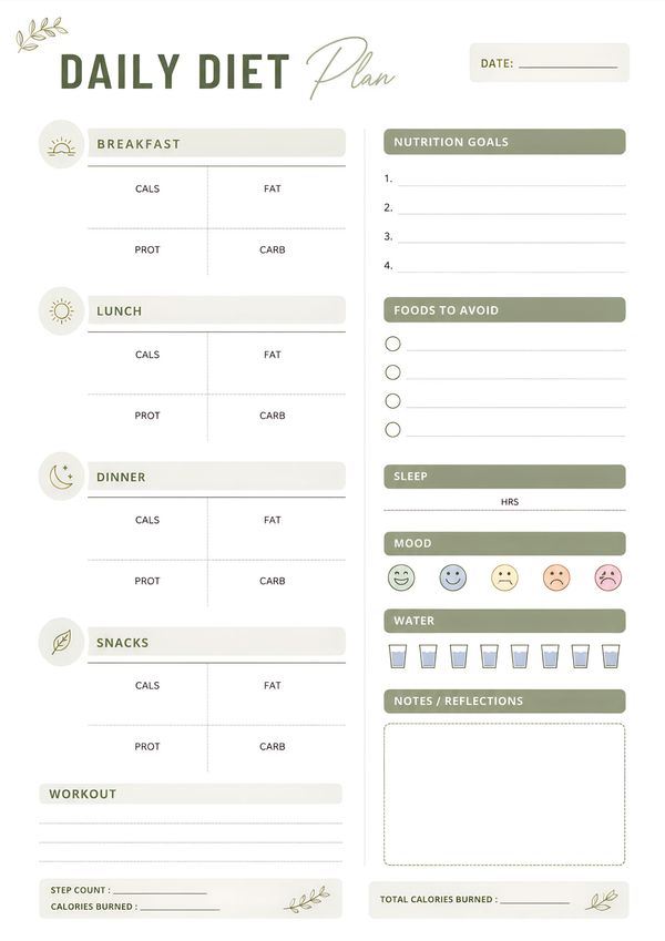 A minimalist daily diet planner printable for tracking meals, calories, nutrition goals, hydration, workouts, sleep, and daily wellness.