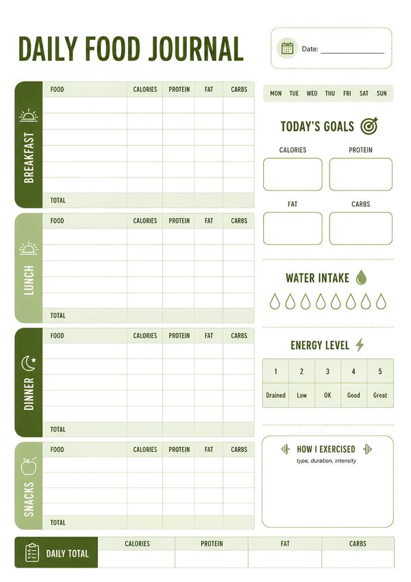 Printable daily food journal featuring meal tracking for breakfast, lunch, dinner, snacks, nutrition goals, water intake, energy level, exercise log, and daily nutrition totals.
