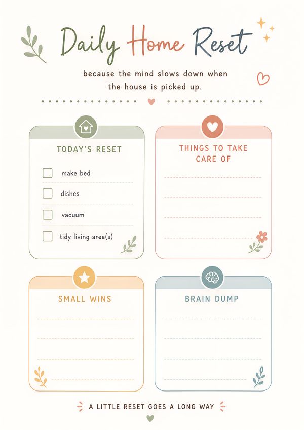 Printable daily home reset planner with household checklist, priority tasks, brain dump section, and daily reflection for maintaining an organized home.