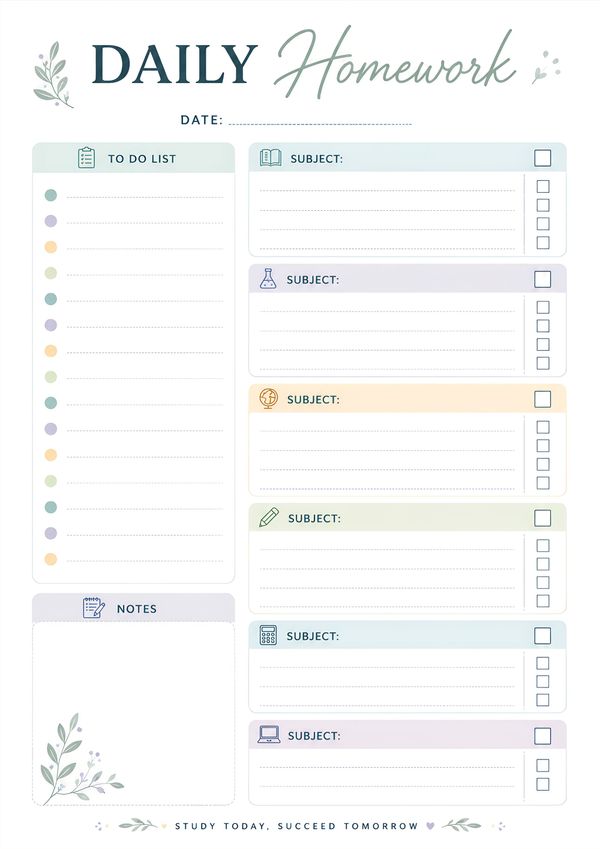 Printable daily homework planner featuring subject sections, task checklist, to-do list, and notes for school organization.