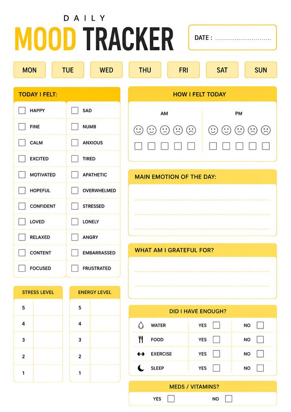 Printable daily mood tracker with emotion checklist, stress and energy levels, gratitude journal, and wellness habit tracker.