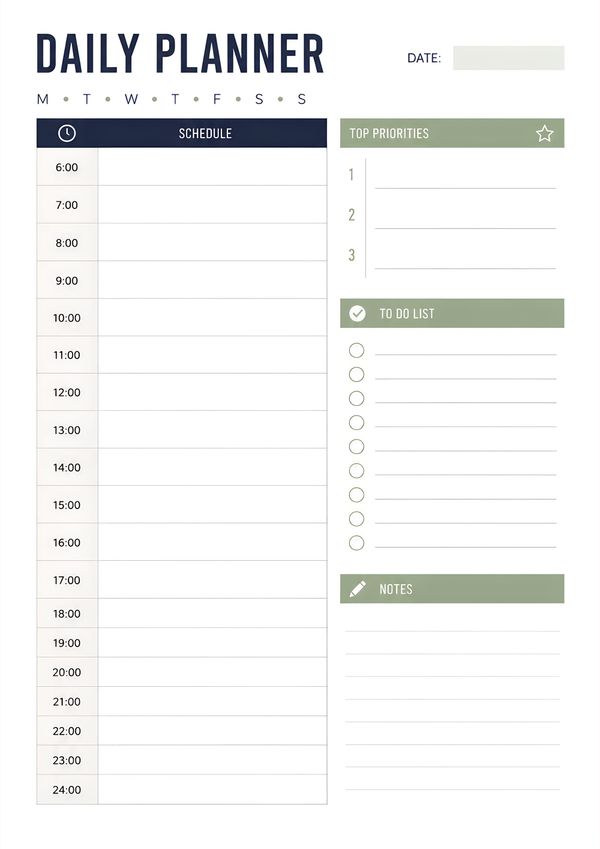 Printable daily productivity planner with hourly schedule, top priorities, to-do list, notes section, weekday selector, and date field for effective daily planning.
