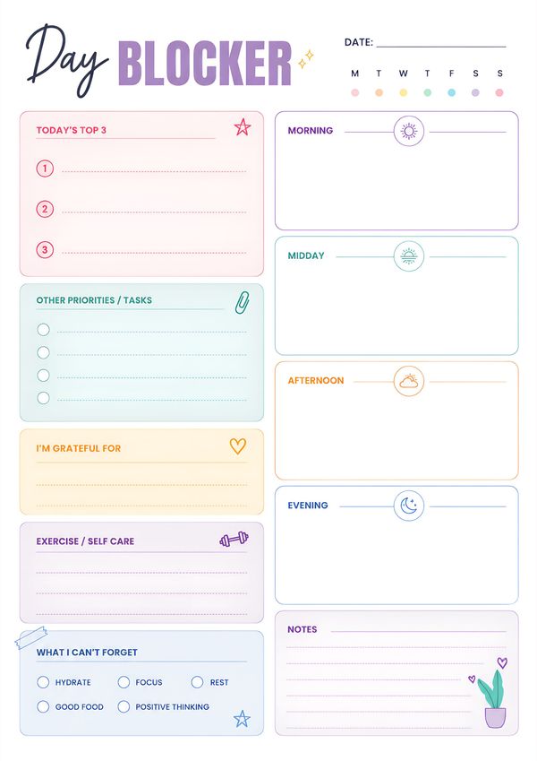 Printable daily time block planner with schedule blocks, priorities, gratitude section, self-care tracker, and notes.