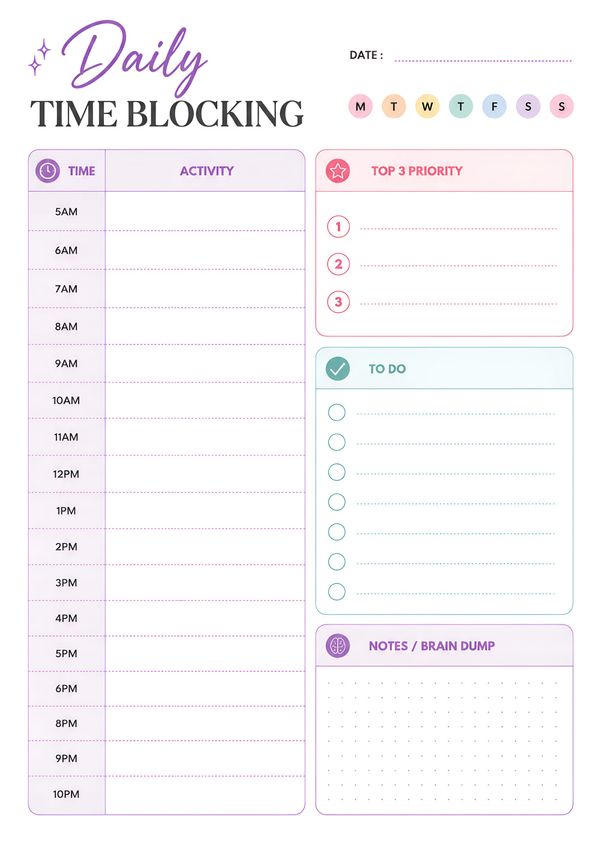 A minimalist daily time blocking planner designed to organize schedules, priorities, and daily tasks.