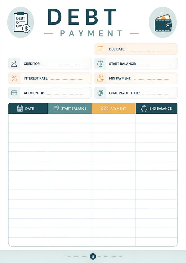 A minimalist debt payment tracker printable to organize creditors, balances, payment history, and debt payoff progress.
